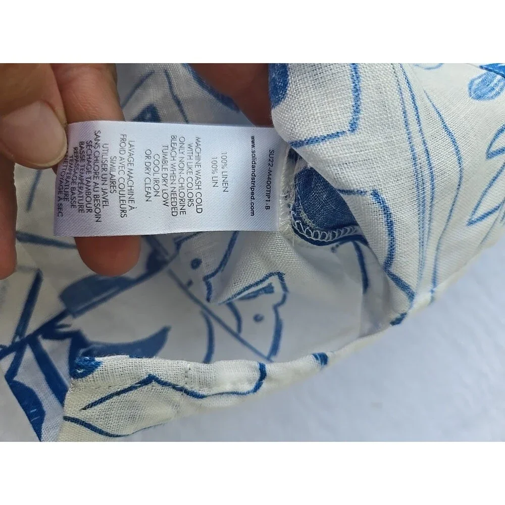 Solid & Striped Linen Shirt Mens Medium Blue White Tile Print Short Sleeve...